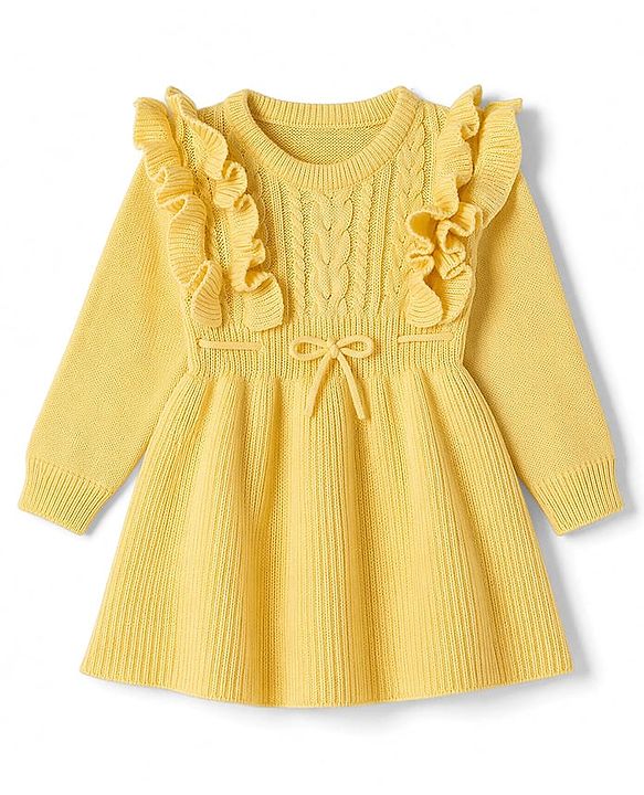 Babyhug Knit Full Sleeves Woollen Dress With Cable Knit Design - Yellow