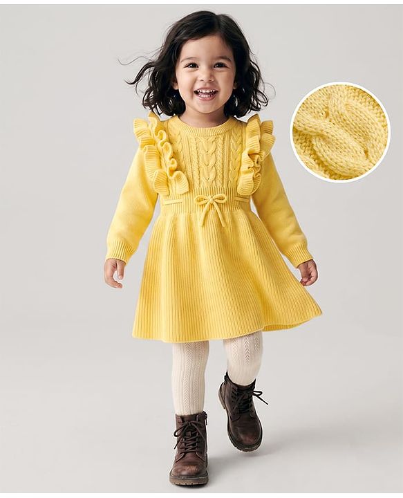 Babyhug Knit Full Sleeves Woollen Dress With Cable Knit Design - Yellow