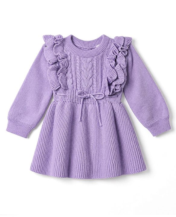 Babyhug Knit Full Sleeves Woollen Dress With Cable Knit Design - Yellow