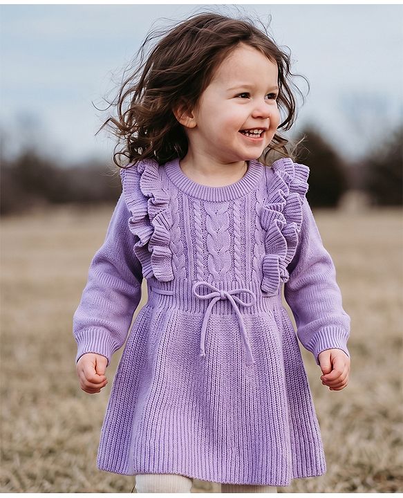Babyhug Knit Full Sleeves Woollen Dress With Cable Knit Design - Yellow