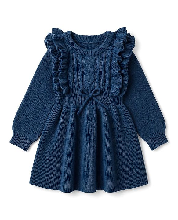 Babyhug Knit Full Sleeves Woollen Dress With Cable Knit Design - Yellow