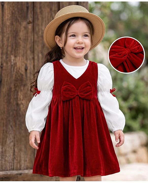 Babyhug Velvet Woven Full Sleeves Frock With Inner Tee Bow Applique - Red
