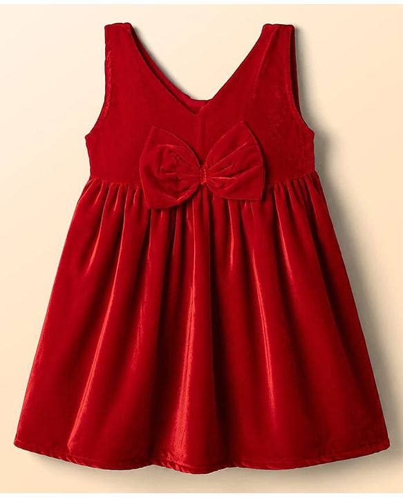 Babyhug Velvet Woven Full Sleeves Frock With Inner Tee Bow Applique - Red