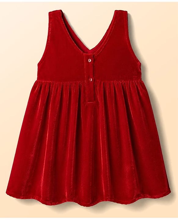Babyhug Velvet Woven Full Sleeves Frock With Inner Tee Bow Applique - Red