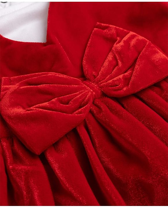 Babyhug Velvet Woven Full Sleeves Frock With Inner Tee Bow Applique - Red
