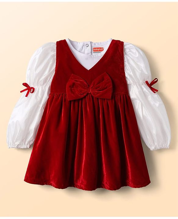 Babyhug Velvet Woven Full Sleeves Frock With Inner Tee Bow Applique - Red