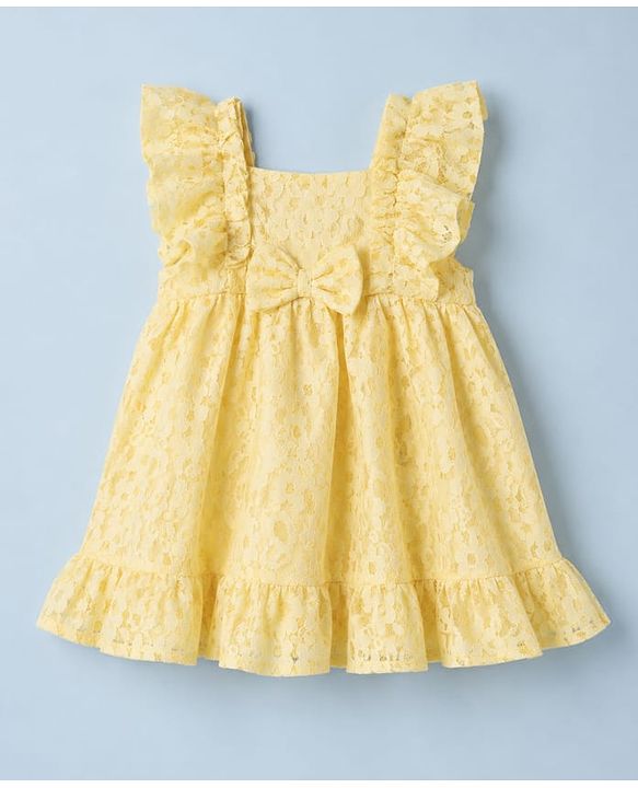 Babyhug Mesh Woven Half Sleeves Frock With Floral Print & Bow Applique - Yellow