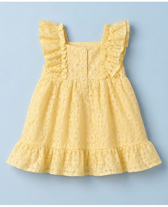 Babyhug Mesh Woven Half Sleeves Frock With Floral Print & Bow Applique - Yellow