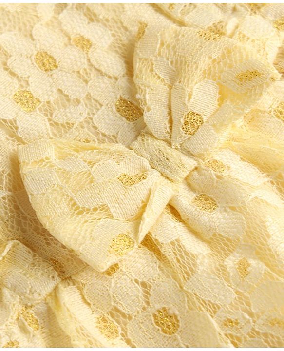Babyhug Mesh Woven Half Sleeves Frock With Floral Print & Bow Applique - Yellow