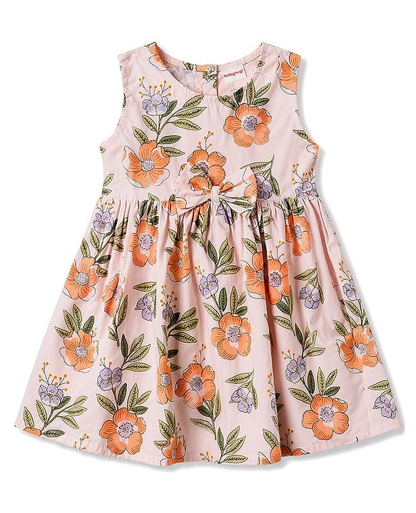 Babyhug Poplin Woven Sleeveless Floral Printed Frock with Bow Applique - Peach