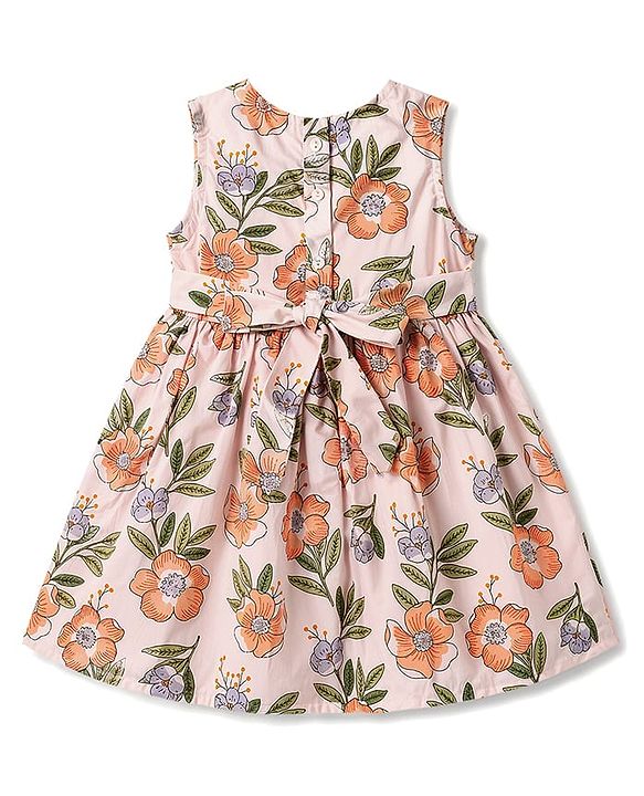 Babyhug Poplin Woven Sleeveless Floral Printed Frock with Bow Applique - Peach