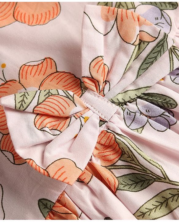Babyhug Poplin Woven Sleeveless Floral Printed Frock with Bow Applique - Peach