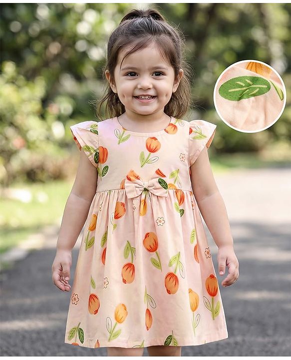 Babyhug Poplin Woven Half Sleeves Floral Printed Frock With Bow Applique - Peach