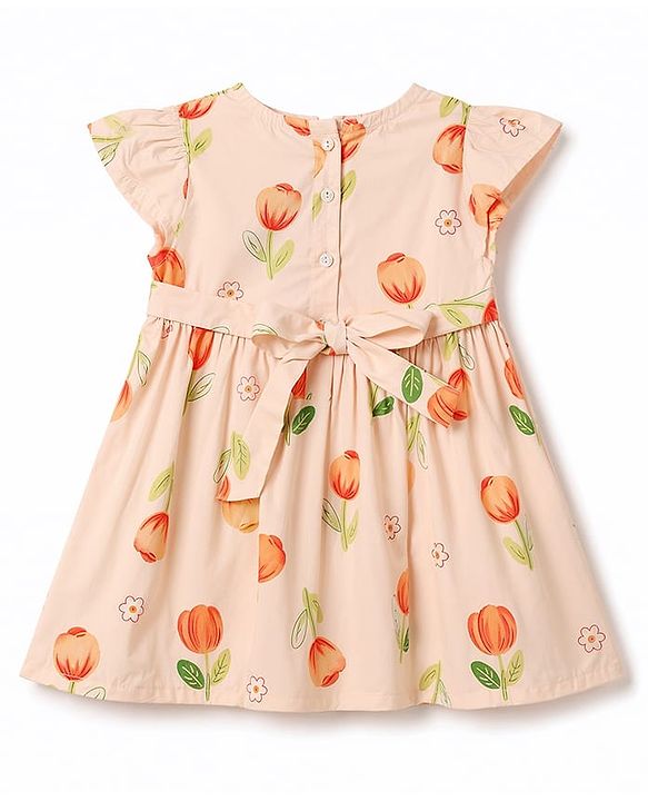 Babyhug Poplin Woven Half Sleeves Floral Printed Frock With Bow Applique - Peach
