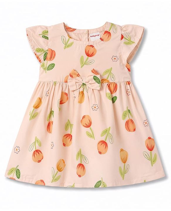 Babyhug Poplin Woven Half Sleeves Floral Printed Frock With Bow Applique - Peach