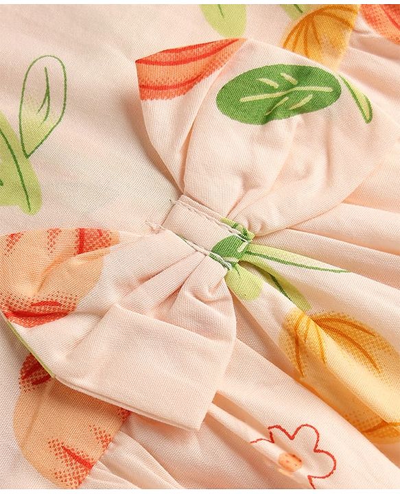 Babyhug Poplin Woven Half Sleeves Floral Printed Frock With Bow Applique - Peach