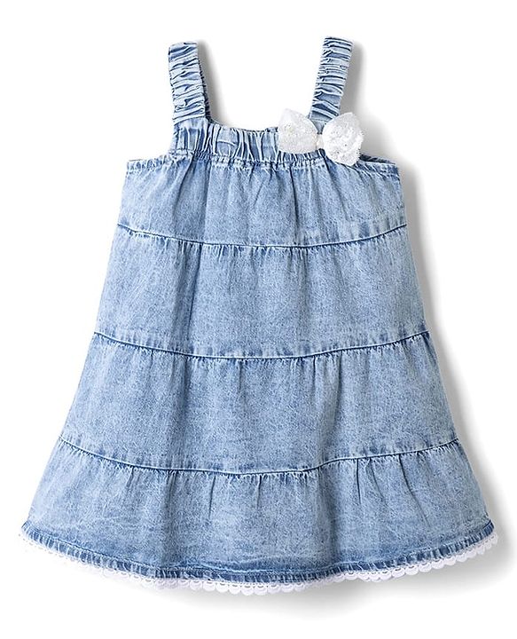 Babyhug Denim Woven Sleeveless Frock With Bow Applique - Blue