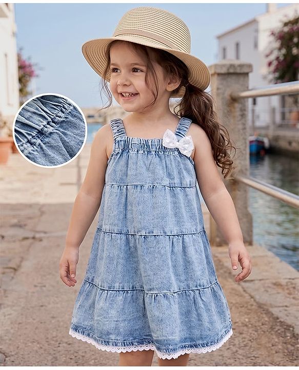 Babyhug Denim Woven Sleeveless Frock With Bow Applique - Blue