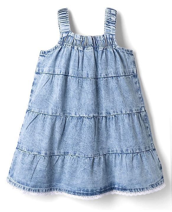 Babyhug Denim Woven Sleeveless Frock With Bow Applique - Blue