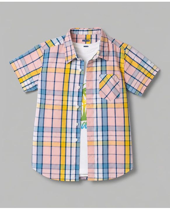 Pine Kids Cotton Woven Half Sleeves Checks Shirts and T-Shirt with Enjoy Beach Paradise Print - Pink