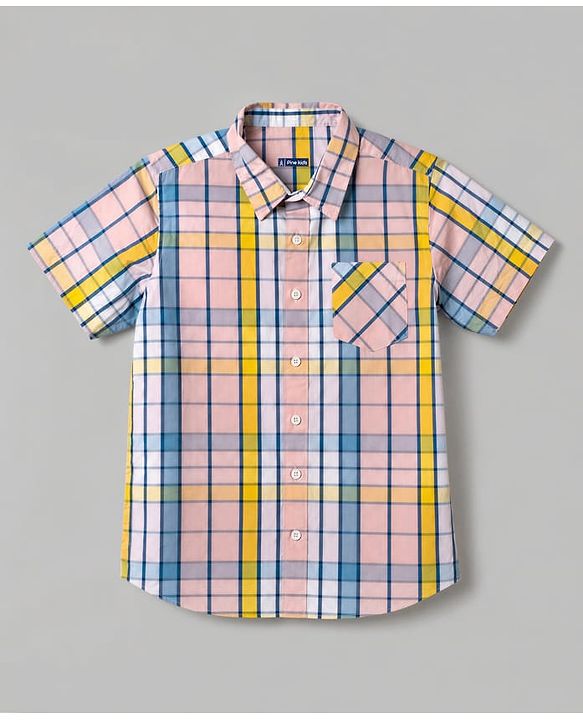 Pine Kids Cotton Woven Half Sleeves Checks Shirts and T-Shirt with Enjoy Beach Paradise Print - Pink