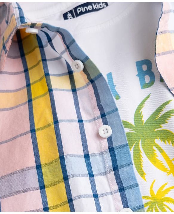 Pine Kids Cotton Woven Half Sleeves Checks Shirts and T-Shirt with Enjoy Beach Paradise Print - Pink