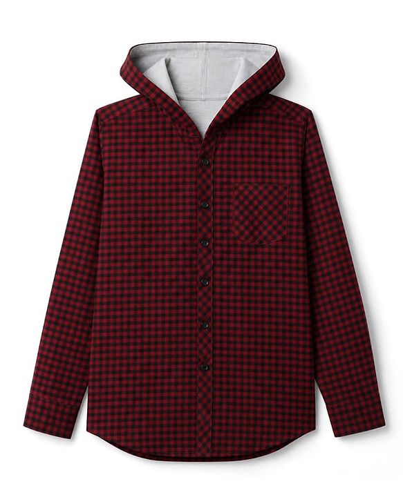 Pine Kids Cotton Woven Hooded Shirt with Full Sleeves and Buffalo Checks Print -Dark  Red