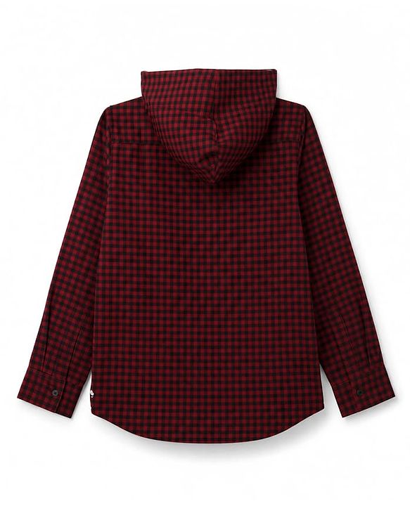 Pine Kids Cotton Woven Hooded Shirt with Full Sleeves and Buffalo Checks Print -Dark  Red