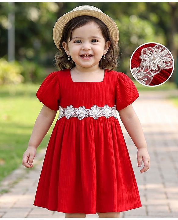 Babyhug Woven Half Sleeves Frock With Floral Lace Detailing - Red