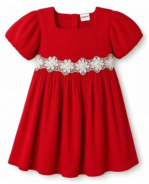 Babyhug Woven Half Sleeves Frock With Floral Lace Detailing - Red