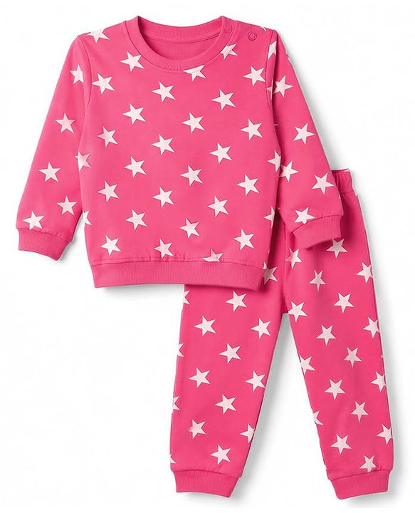 Babyhug Cotton Knit Full Sleeves Winter Wear Co-ords With Star Design - Pink