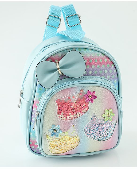 Babyhug Fashion Backpacks With Bow & Floral Applique -Blue