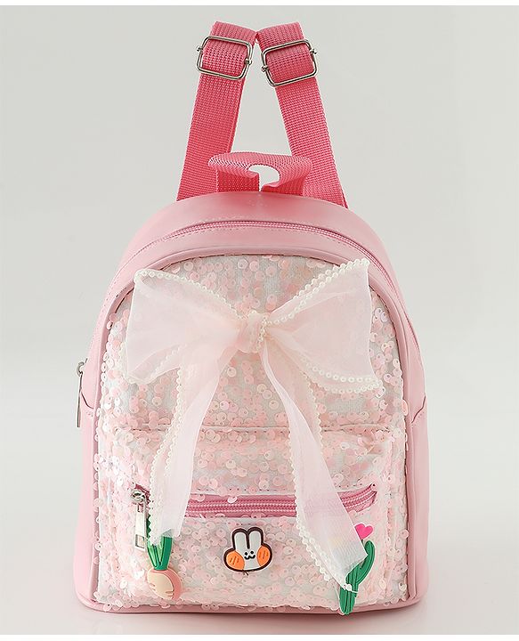 Babyhug Free Size Fashion Sequined Backpack with Bow, Carrot and Rabbit applique - Blue