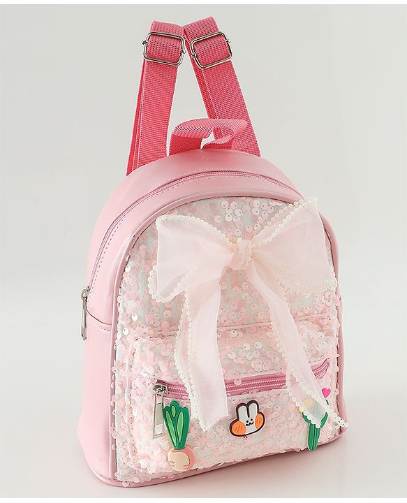 Babyhug Free Size Fashion Sequined Backpack with Bow, Carrot and Rabbit applique - Blue
