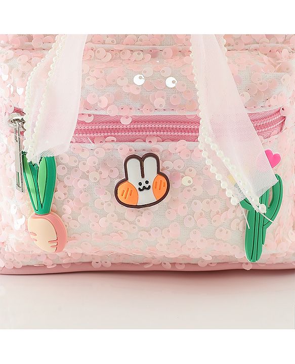 Babyhug Free Size Fashion Sequined Backpack with Bow, Carrot and Rabbit applique - Blue