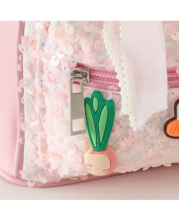 Babyhug Free Size Fashion Sequined Backpack with Bow, Carrot and Rabbit applique - Blue