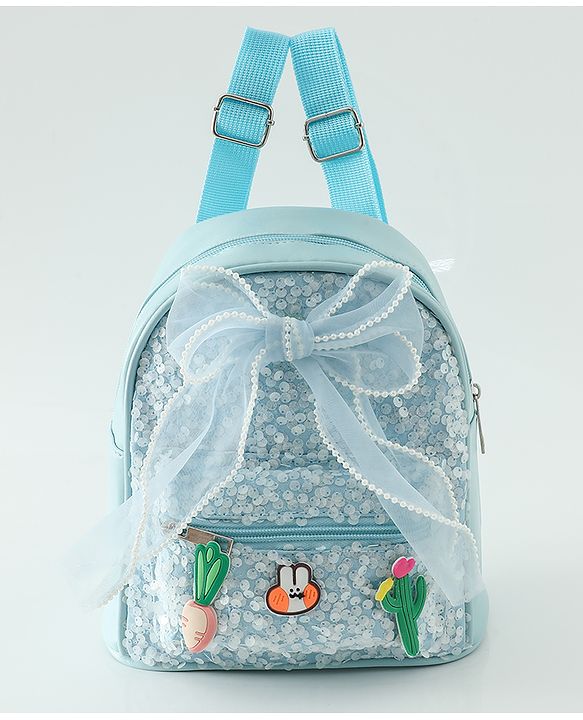Babyhug Free Size Fashion Sequined Backpack with Bow, Carrot and Rabbit applique - Blue