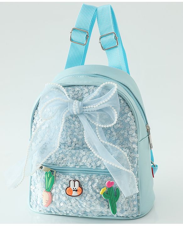 Babyhug Free Size Fashion Sequined Backpack with Bow, Carrot and Rabbit applique - Blue