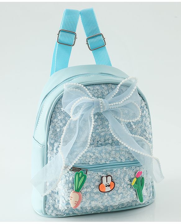 Babyhug Free Size Fashion Sequined Backpack with Bow, Carrot and Rabbit applique - Blue