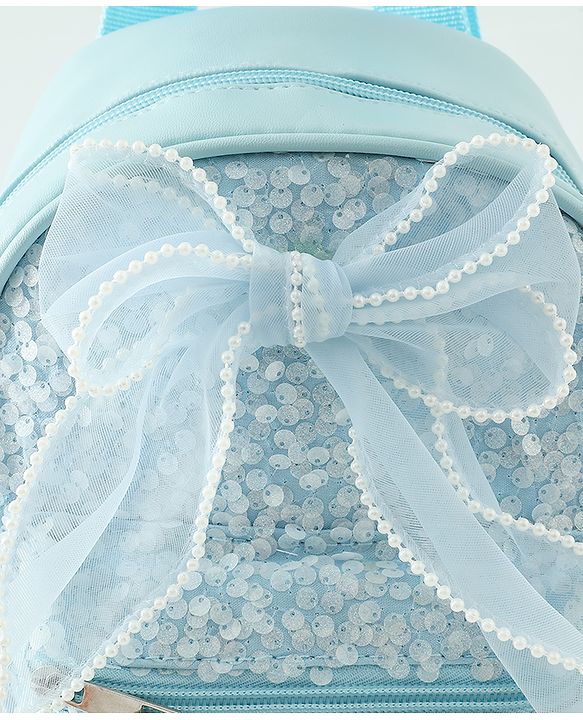 Babyhug Free Size Fashion Sequined Backpack with Bow, Carrot and Rabbit applique - Blue