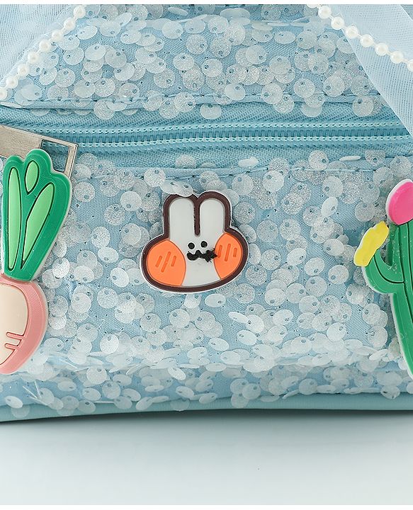 Babyhug Free Size Fashion Sequined Backpack with Bow, Carrot and Rabbit applique - Blue