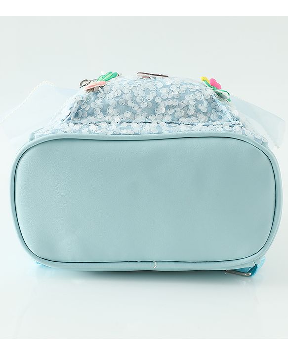 Babyhug Free Size Fashion Sequined Backpack with Bow, Carrot and Rabbit applique - Blue