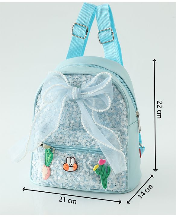 Babyhug Free Size Fashion Sequined Backpack with Bow, Carrot and Rabbit applique - Blue