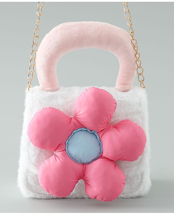 Pine Kids Free Size Sling Bag with Floral Applique and Fur Detailing - White