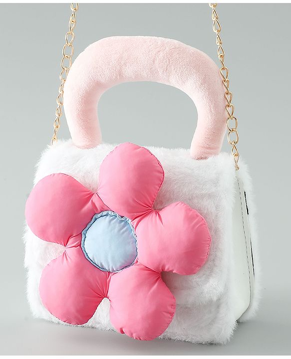 Pine Kids Free Size Sling Bag with Floral Applique and Fur Detailing - White