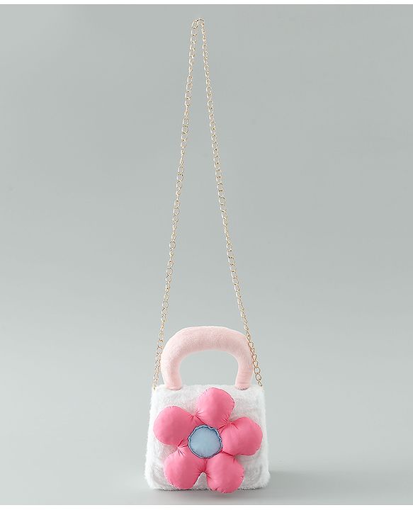 Pine Kids Free Size Sling Bag with Floral Applique and Fur Detailing - White