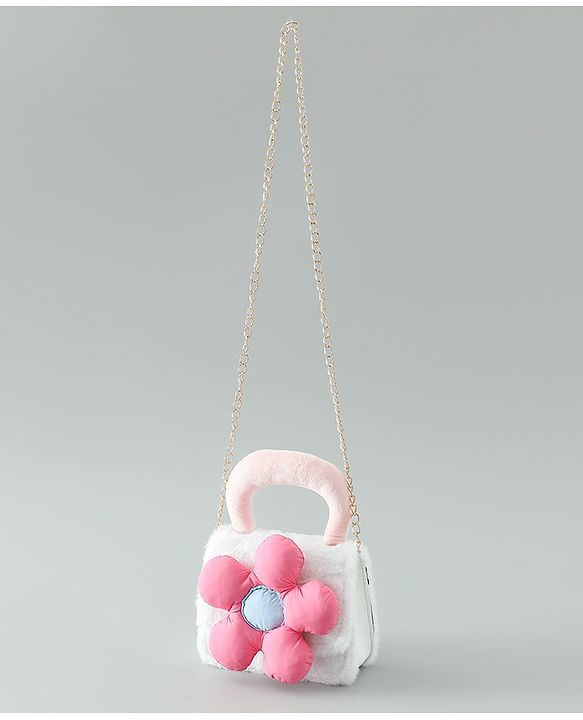 Pine Kids Free Size Sling Bag with Floral Applique and Fur Detailing - White