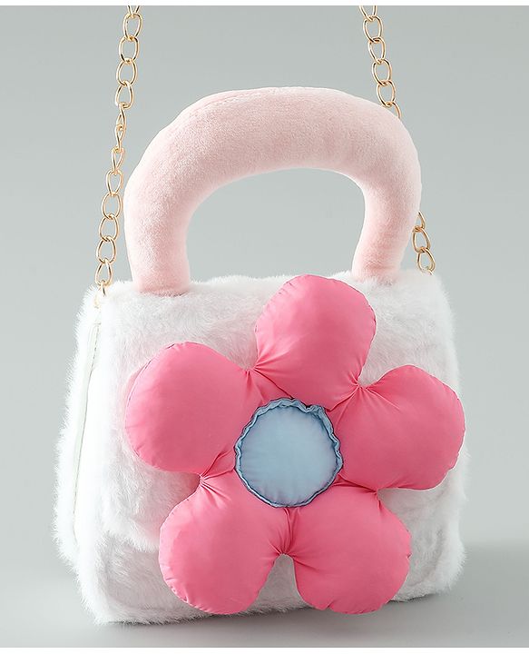 Pine Kids Free Size Sling Bag with Floral Applique and Fur Detailing - White