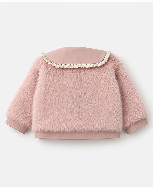 Babyhug Fur Woven Jacket with Full Sleeves and Peter Pan Collar - Light Pink