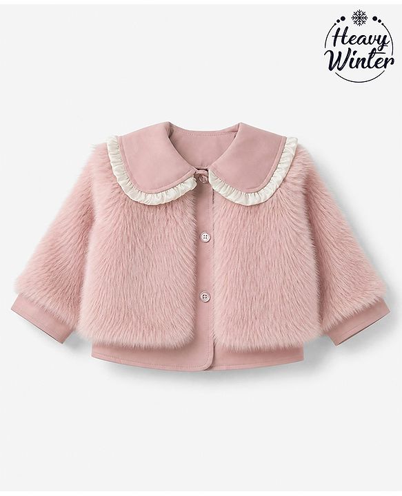 Babyhug Fur Woven Jacket with Full Sleeves and Peter Pan Collar - Light Pink